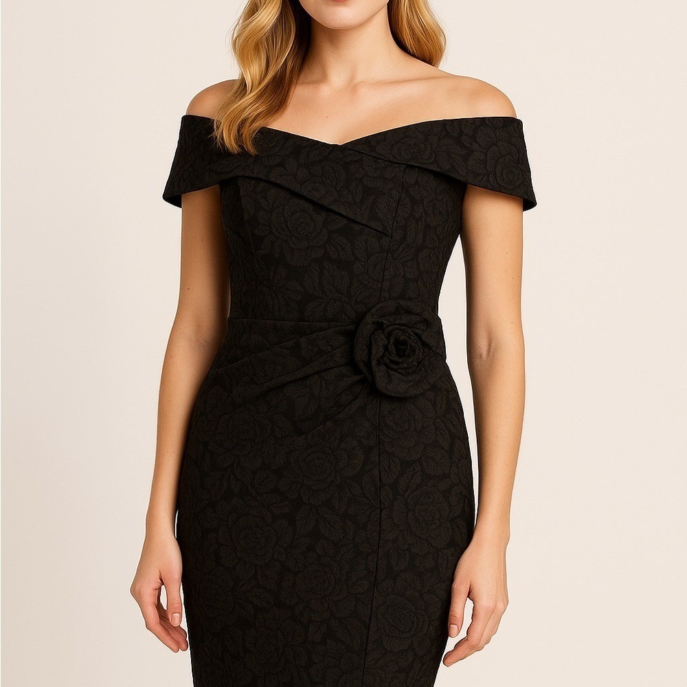 XSCAPE Women Black Floral Jacquard Off Shoulder Rose Cocktail Dress Size 14